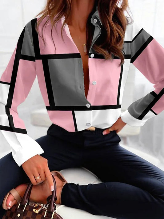 Long Sleeves Loose Buttoned Contrast Color Plaid Lapel Blouses&Shirts Tops