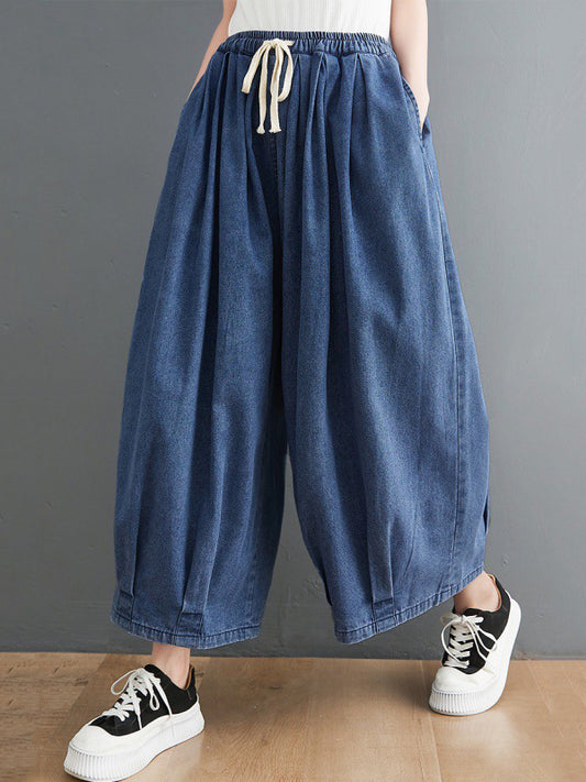Casual Loose Drawstring Wide Legs Jean Pants