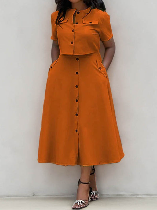 Loose Split-Joint Round-Neck Blouses + A-Line Skirts Two Pieces Set