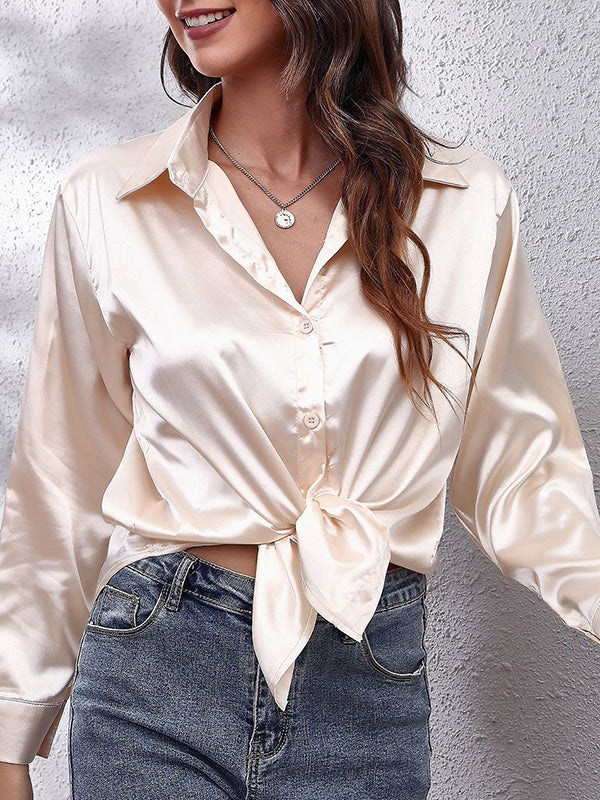 Long Sleeves Loose Solid Color Lapel Blouses