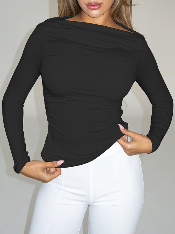 Long Sleeves Skinny Pleated Solid Color Boat Neck T-Shirts Tops