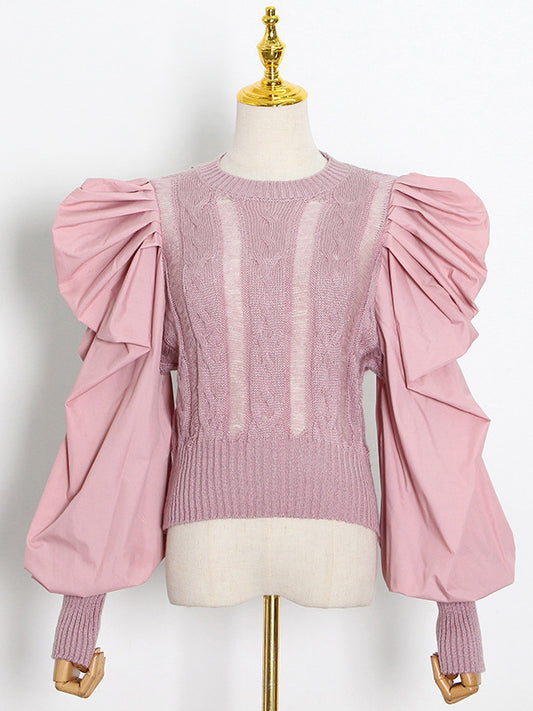 Original Skinny Puff Sleeves Hollow Split-Joint Round-Neck Sweater Tops