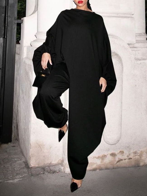 Batwing Sleeves Loose Mesh Solid Color Split-Joint Jumpsuits