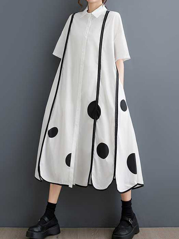 A-Line Half Sleeves Buttoned Pockets Polka-Dot Split-Front Split-Joint Lapel Midi Dresses Shirt Dress