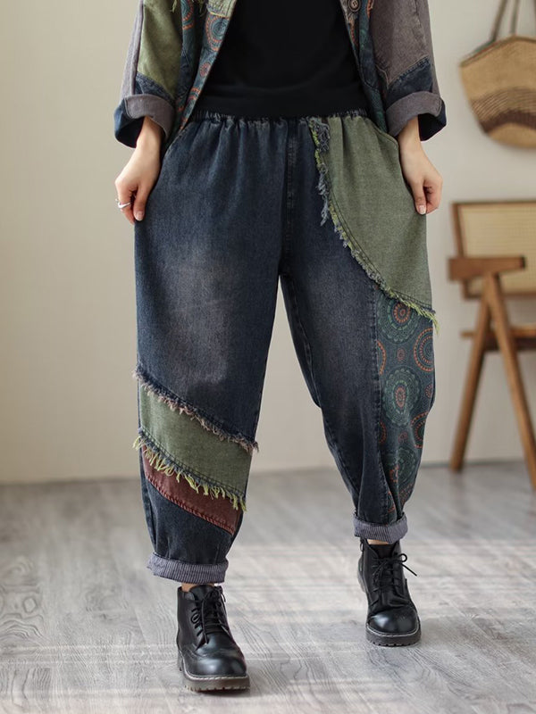 Contrast Color Fringed Split-Joint Long Sleeves Printed Outwear + Harem Pants Two Pieces Set