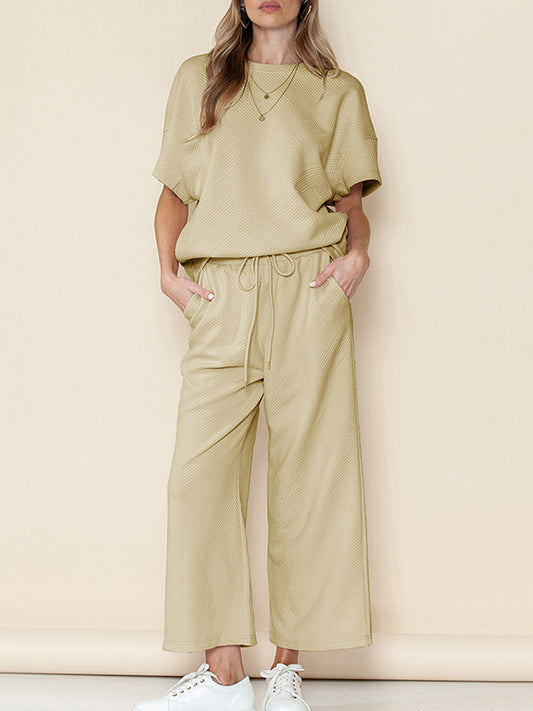 Loose Short Sleeves Solid Color Round-Neck T-Shirt Top + Drawstring Elasticity Pockets Pants Botttom Two Pieces Set
