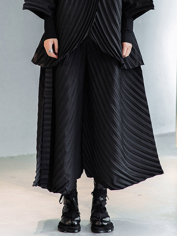 Urban Solid Color Pleated Outerwear&Pants Two Pieces Set