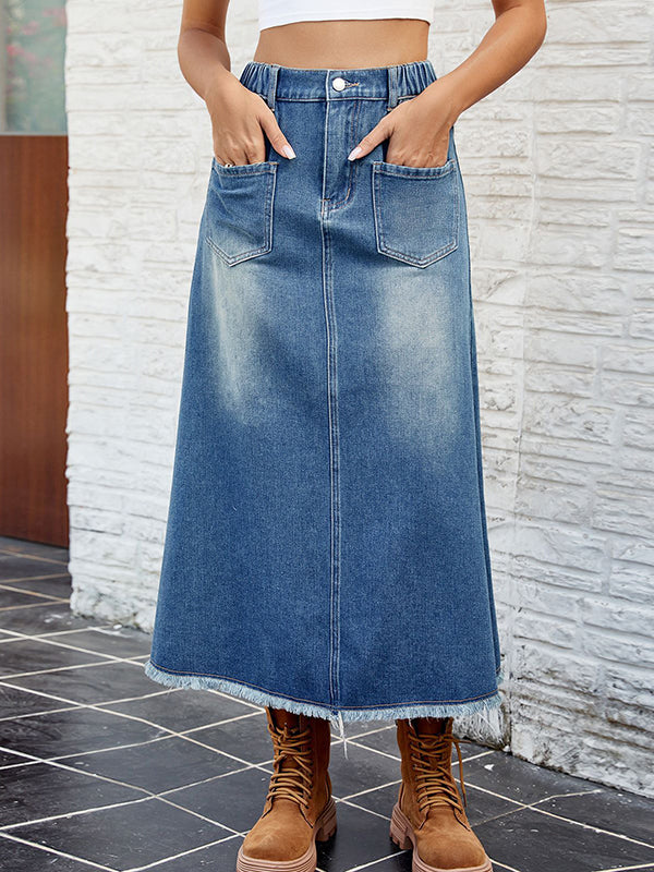A-Line Loose Buttoned Elasticity Fringed Pockets Split-Joint Skirts Bottoms