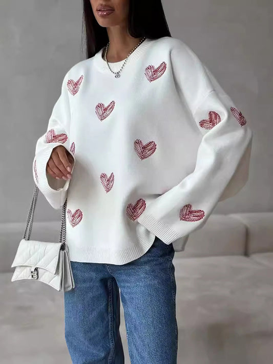 Loose Heart Print Split-Joint Round-Neck Sweater Tops