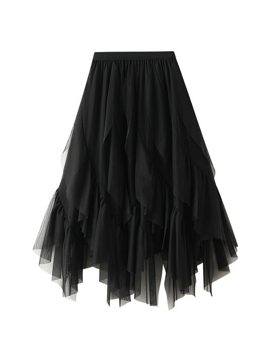 A-Line Loose Elasticity Gauze Pleated Solid Color Split-Joint Skirts