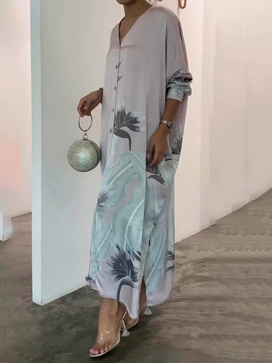Long Sleeves Buttoned Contrast Color Flower&Leaves Print Muslim V-Neck Maxi Dress