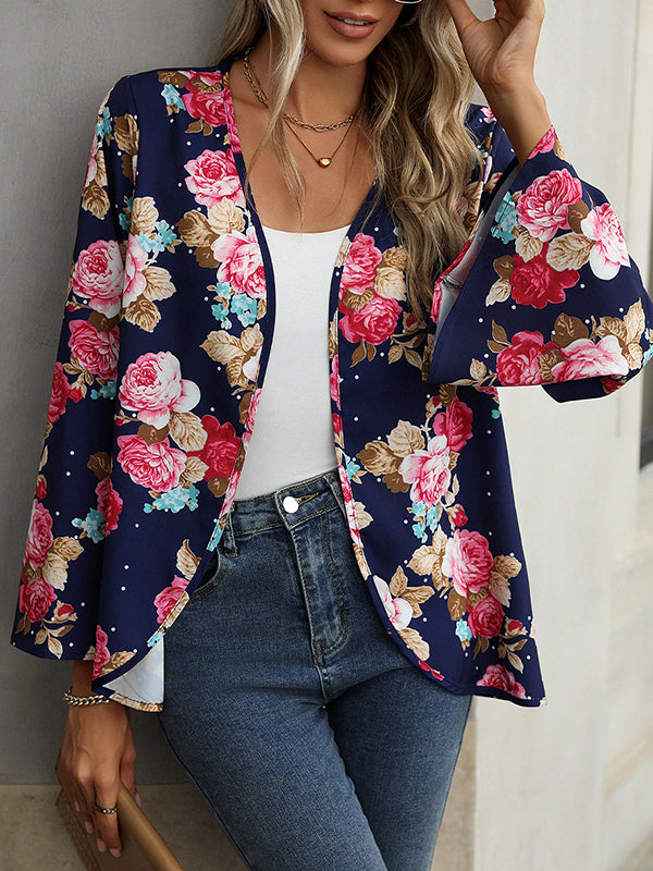 Flared Sleeves Long Sleeves Flower Print Collarless Outerwear