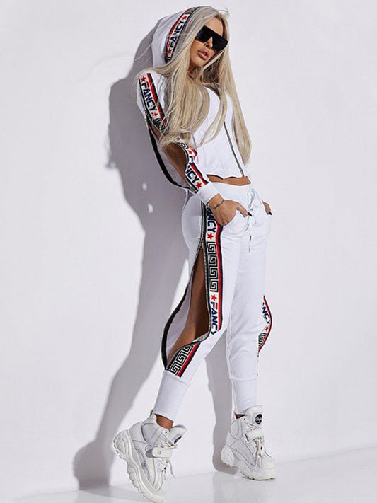 Long Sleeves Letter Print Split-Side Zipper Hooded Jackets+Pants Two Pieces Set