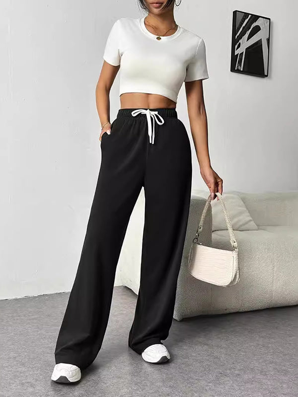 High Waisted Loose Drawstring Elasticity Split-Joint Pants Trousers