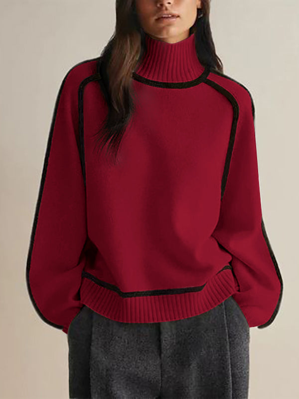 Long Sleeves Loose Contrast Color Split-Joint High Neck Pullovers Sweater Tops
