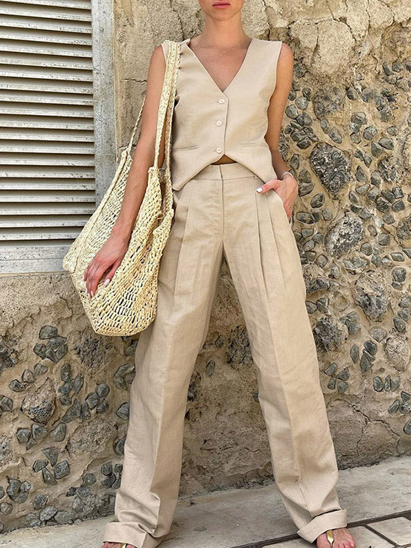 High Waisted Loose Pleated Solid Color Split-Joint V-Neck Two Pieces Set