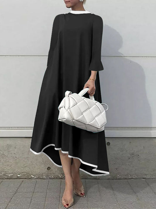 A-line Flared Sleeves Asymmetric Contrast Color Mock Neck Maxi Dresses