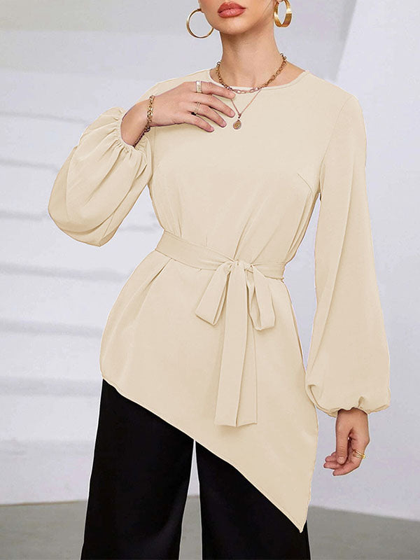 Long Sleeves Loose Asymmetric Elasticity Hollow Solid Color Tied Waist Round-Neck Blouses&Shirts Tops