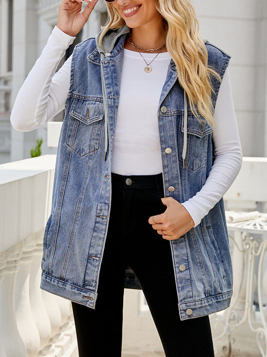 Loose Sleeveless Buttoned Detachable Drawstring Hooded Pockets Split-Joint Polo Vest Outerwear