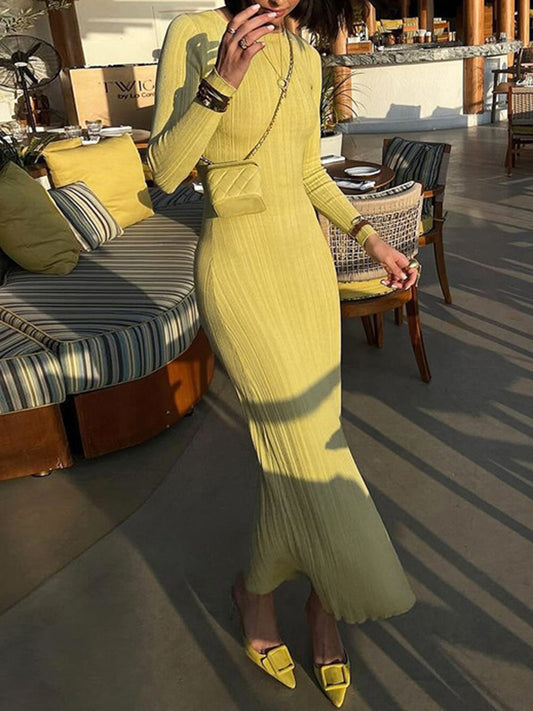 Bodycon Long Sleeves Pleated Solid Color Split-Joint Round-Neck Evening Dresses Maxi Dresses