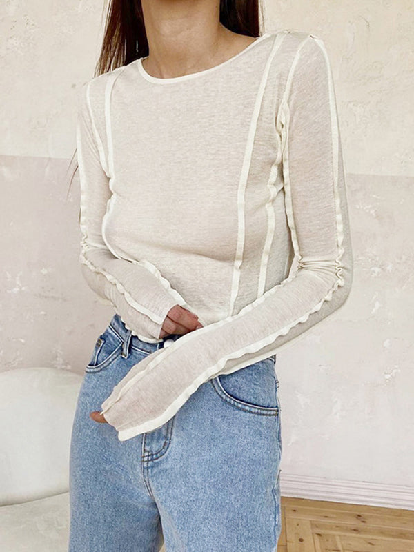 Long Sleeves Skinny Pleated Solid Color Round-Neck T-Shirts