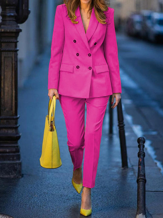 Long Sleeves Loose Buttoned Notched Collar Outerwear Top Pants Bottom Two Pieces Set