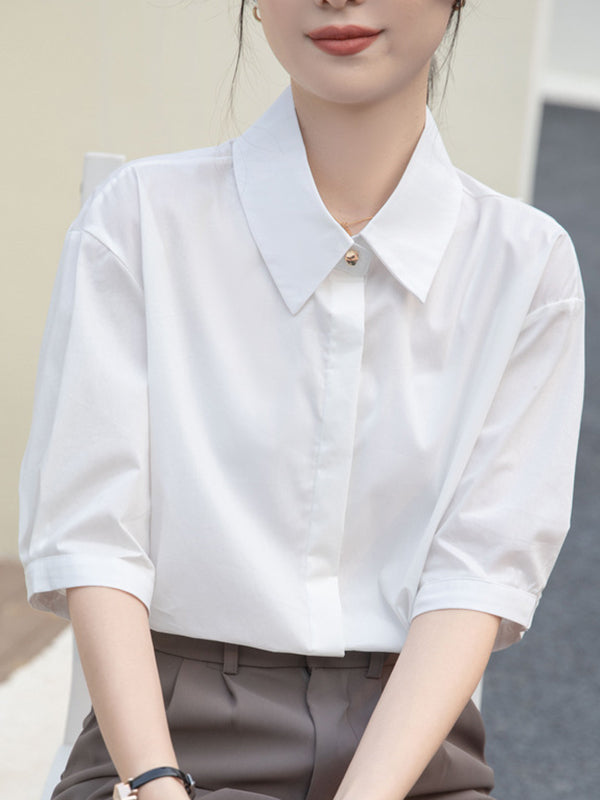 Half Sleeves Loose Buttoned Solid Color Split-Joint Lapel Blouses&Shirts Tops
