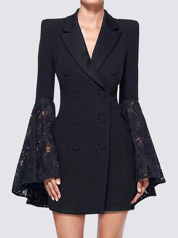 Flared Sleeves Long Sleeves Asymmetric Buttoned Solid Color Split-Joint Notched Collar Blazer Outerwear