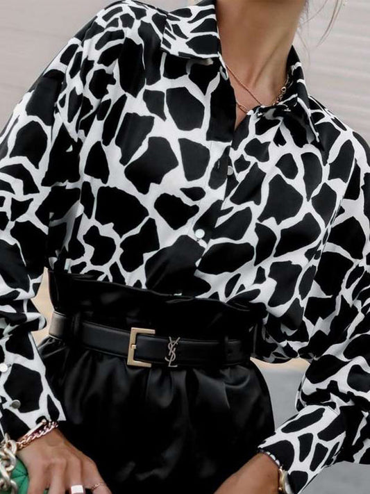 Long Sleeves Loose Contrast Color Printed Lapel Blouses
