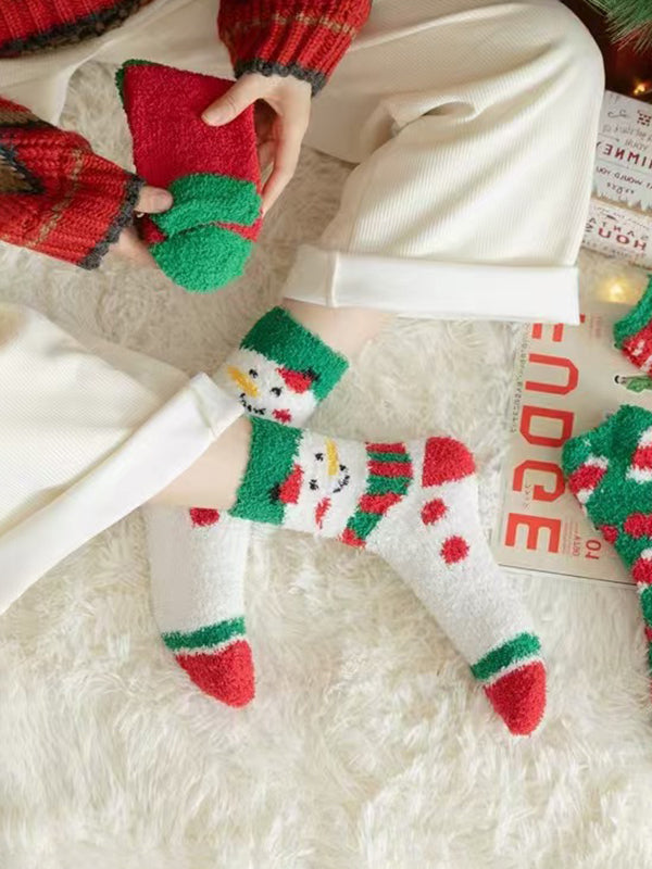 Cartoon Printed Contrast Color Keep Warm Velvet Socks Accessories