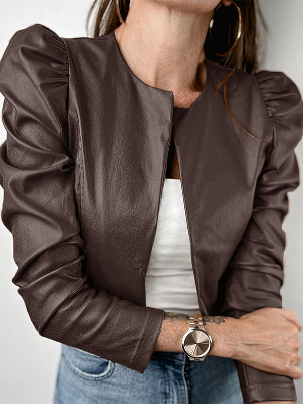 Long Sleeves Loose Pleated Solid Color Split-Joint Collarless Jackets Outerwear