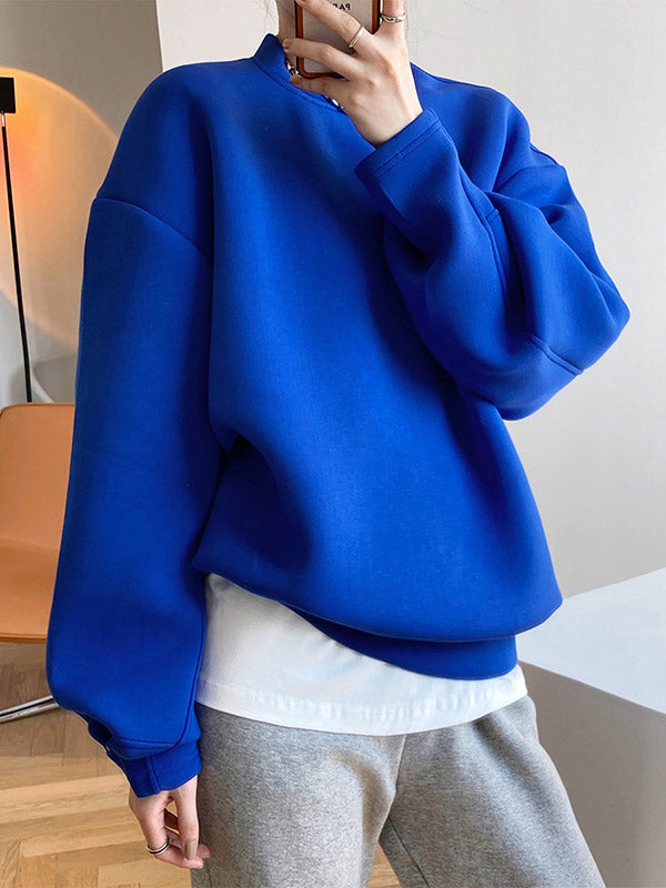Long Sleeves Loose Solid Color Round-Neck Sweatshirt Tops