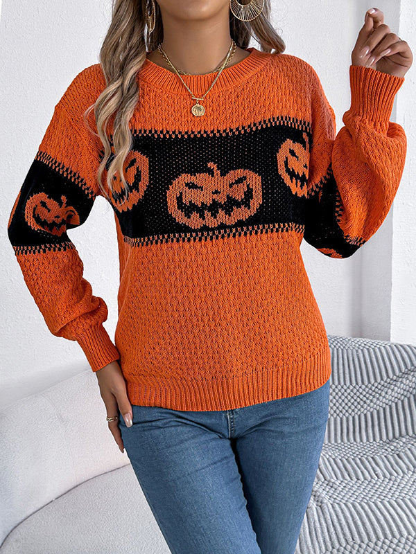 Long Sleeves Loose Contrast Color Split-Joint Round-Neck Pullovers Sweater Tops