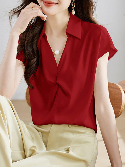 Loose Raglan Sleeve Solid Color Split-Joint Lapel Blouses&Shirts Tops