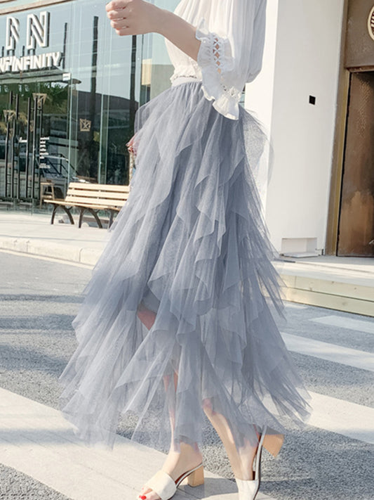Original Stylish Irregular Mesh Solid Color Skirt