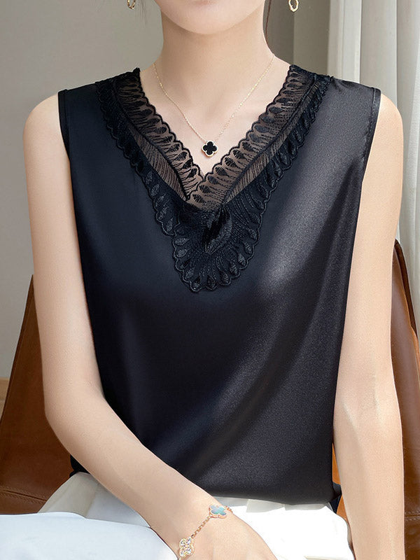 Loose Plus Size Solid Color Split-Joint V-Neck Vest Top