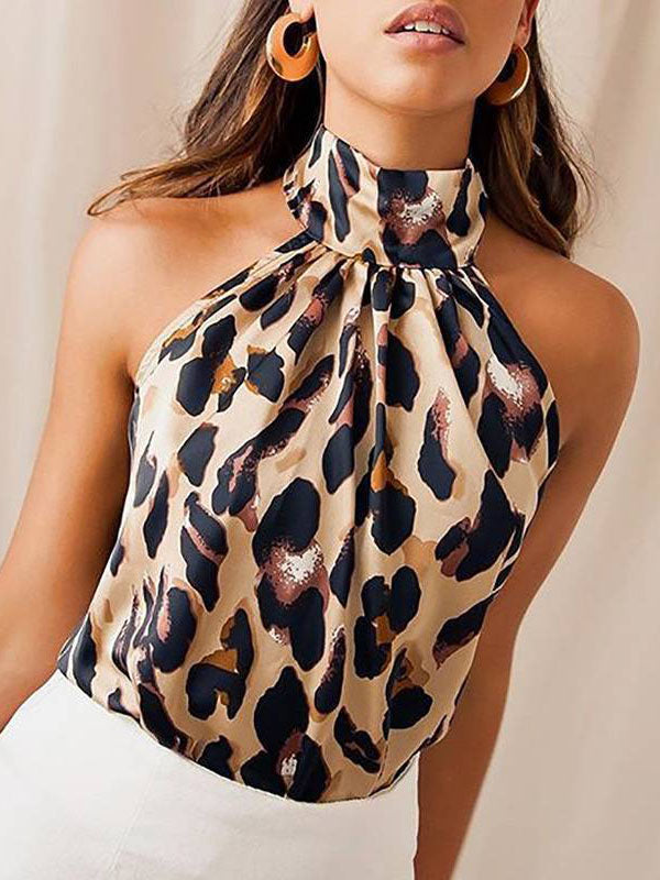 Loose Sleeveless Backless Leopard Pleated Split-Joint Halter-Neck Vest Top