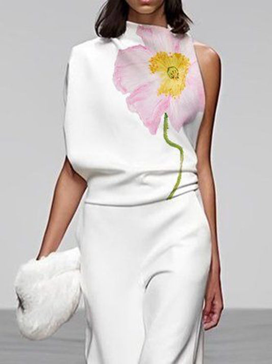 Loose Sleeveless Floral Printed High Neck Vest Top