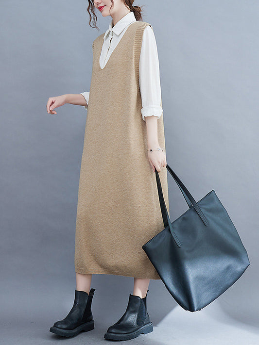 Vintage Solid Color Knitting V-Neck Sleeveless Sweater Dress
