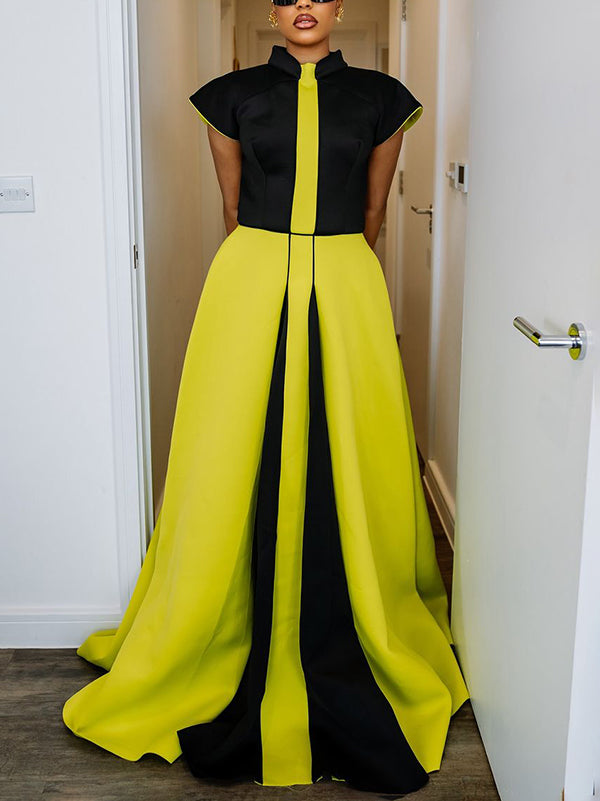 A-Line High Waisted Contrast Color Shoulder Pad Zipper Mock Neck Maxi Dresses