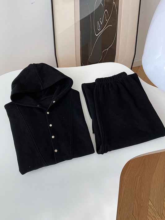 Loose Long Sleeves Split-Joint Hoodies + Elasticity Solid Color Pants Trousers Two Pieces Set