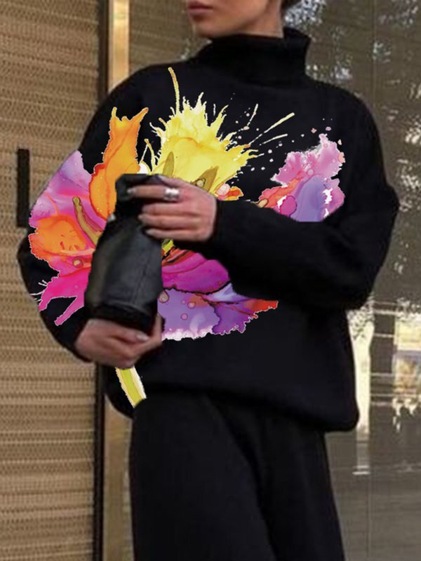 Long Sleeves Loose Flower Print Split-Joint High Neck Sweatshirt Tops