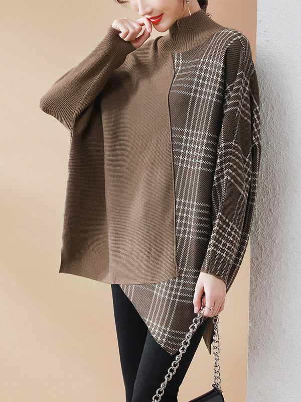 Casual Loose 3 Colors Split-Joint Plaid High-Neck Batwing Long Sleeves Sweater Top