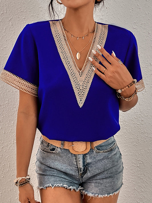 Loose Short Sleeves Hollow Split-Joint V-Neck Blouses&Shirts Tops