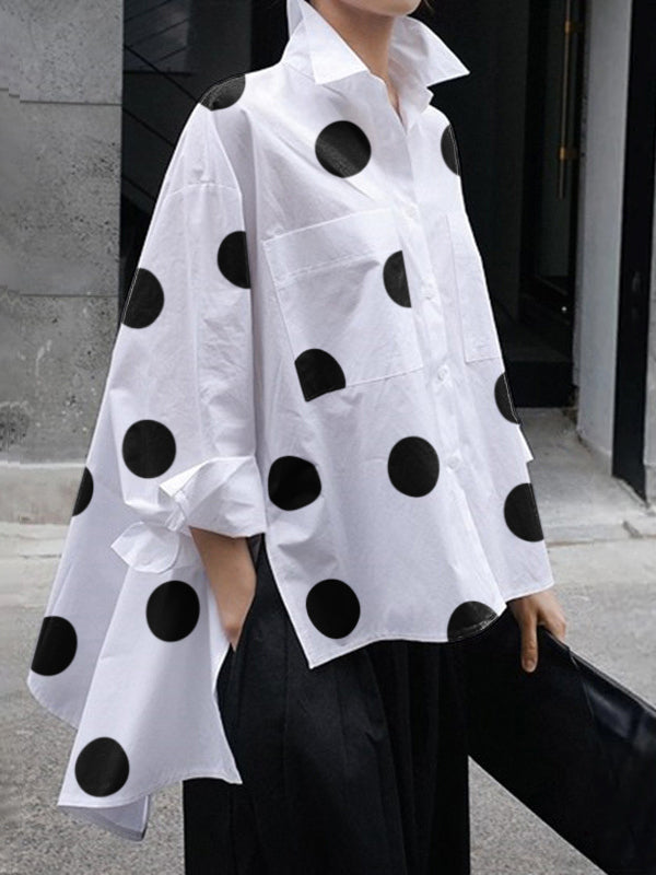 Long Sleeves Loose Polka-Dot Split-Joint Lapel Blouses&shirts Tops