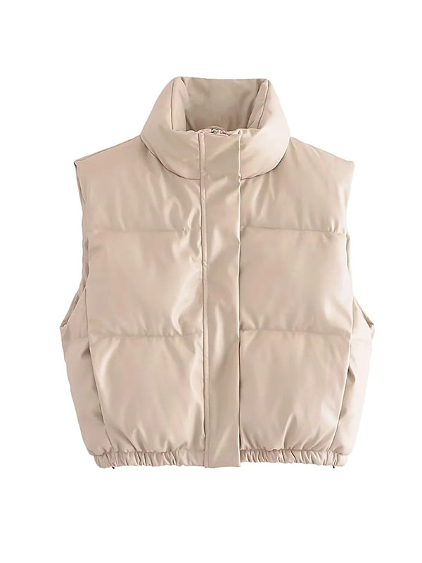 Skinny Sleeveless Drawstring Elasticity Solid Color Split-Joint Zipper Stand Collar Padded Vest