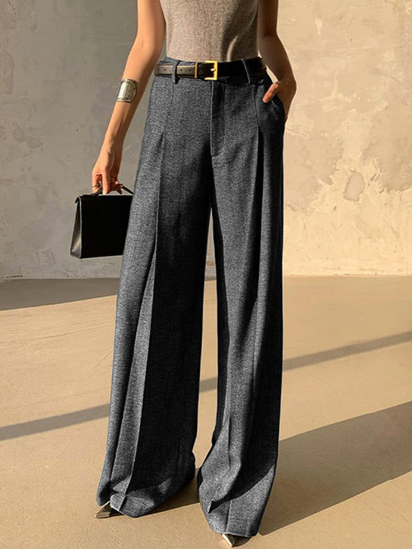Loose Belted Solid Color Zipper Suit Pants Trousers
