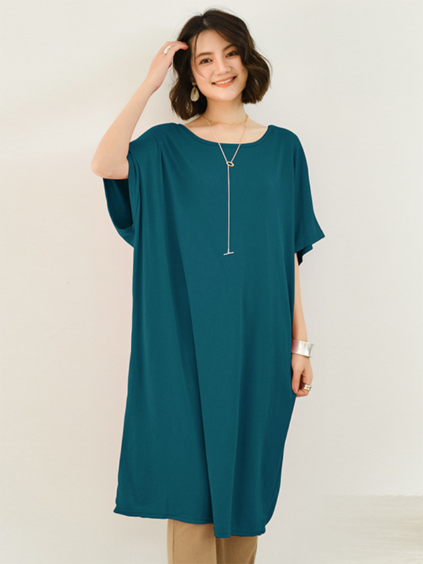Casual Batwing Half Sleeves Solid Color Round-Neck Midi Dresses
