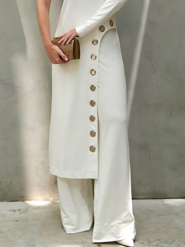 Long Sleeves Asymmetric Hollow One-Shoulder Shirts Top + High Waisted Pants Bottom Two Pieces Set