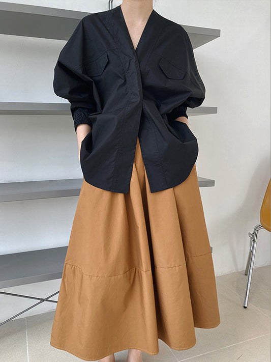 Trendy Batwing Sleeves Solid Color V-Neck Blouses